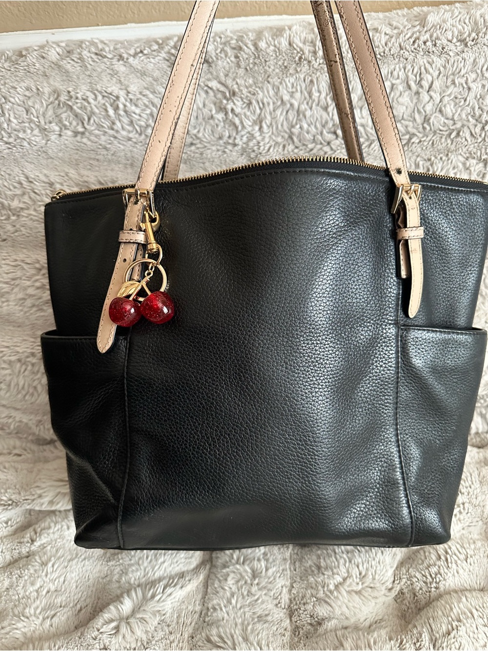 Black Leather Michael Kors Tote Bag with Beige Handles and Cherry Charm